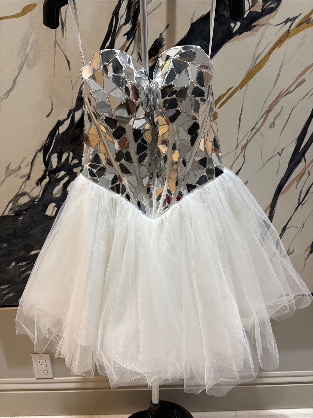 Sherri Hill Silver Mirror Bodice White Tulle Party Dress